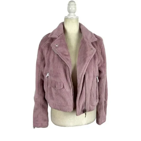 Juicy Couture Blush Pink Faux Fur Plush Moto Jacket Alexa Crop Size Small NWT
